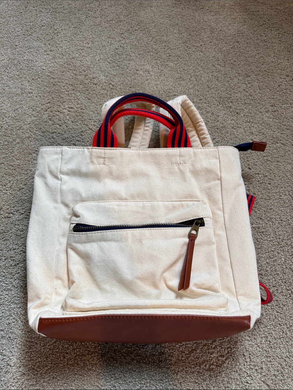 Canvas Tote Backpack with Brown Faux Leather Trim and Red-Blue Striped Handles